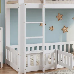 Lit superposé bois pin LVL escalier droit rambarde porte protection anti-chute espace modulable sous lit blanc 90x200cm