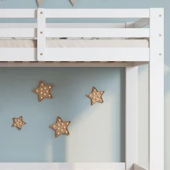 Lit superposé bois pin LVL escalier droit rambarde porte protection anti-chute espace modulable sous lit blanc 90x200cm