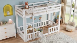 Lit superposé bois pin LVL escalier droit rambarde porte protection anti-chute espace modulable sous lit blanc 90x200cm