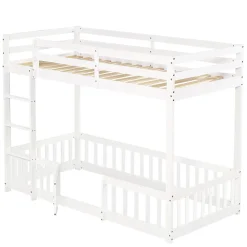 Lit superposé bois pin LVL escalier droit rambarde porte protection anti-chute espace modulable sous lit blanc 90x200cm