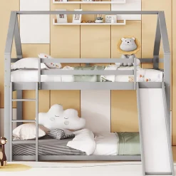 Lit superposé cabane 140x200 cm gris avec toboggan et échelle, design ludique et moderne pour chambre