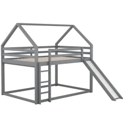 Lit superposé cabane 140x200 cm gris avec toboggan et échelle, design ludique et moderne pour chambre