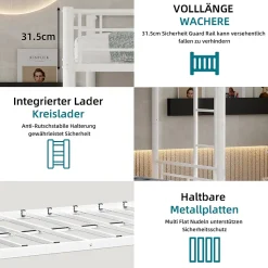 Lit Superposé Convertible 90x190 cm - Lit Enfant avec Échelle et Garde-Corps Silencieux , Fer - Sans Matelas - Blanc