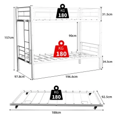 Lit Superposé Convertible 90x190 cm - Lit Enfant avec Échelle et Garde-Corps Silencieux , Fer - Sans Matelas - Blanc