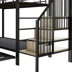 Lit superposé en fer 90 x 200 cm et 180 x 200 cm, lit gigogne multifonctionnel, sac en tissu, escaliers de rangement, noir