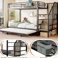 Lit superposé en fer 90 x 200 cm et 180 x 200 cm, lit gigogne multifonctionnel, sac en tissu, escaliers de rangement, noir