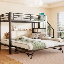 Lit superposé en fer 90 x 200 cm et 180 x 200 cm, lit gigogne multifonctionnel, sac en tissu, escaliers de rangement, noir