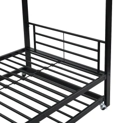 Lit superposé en métal, adapté enfants et ados, avec lit gigogne, 4 barrières, noir, 90x200cm, 90x190cm