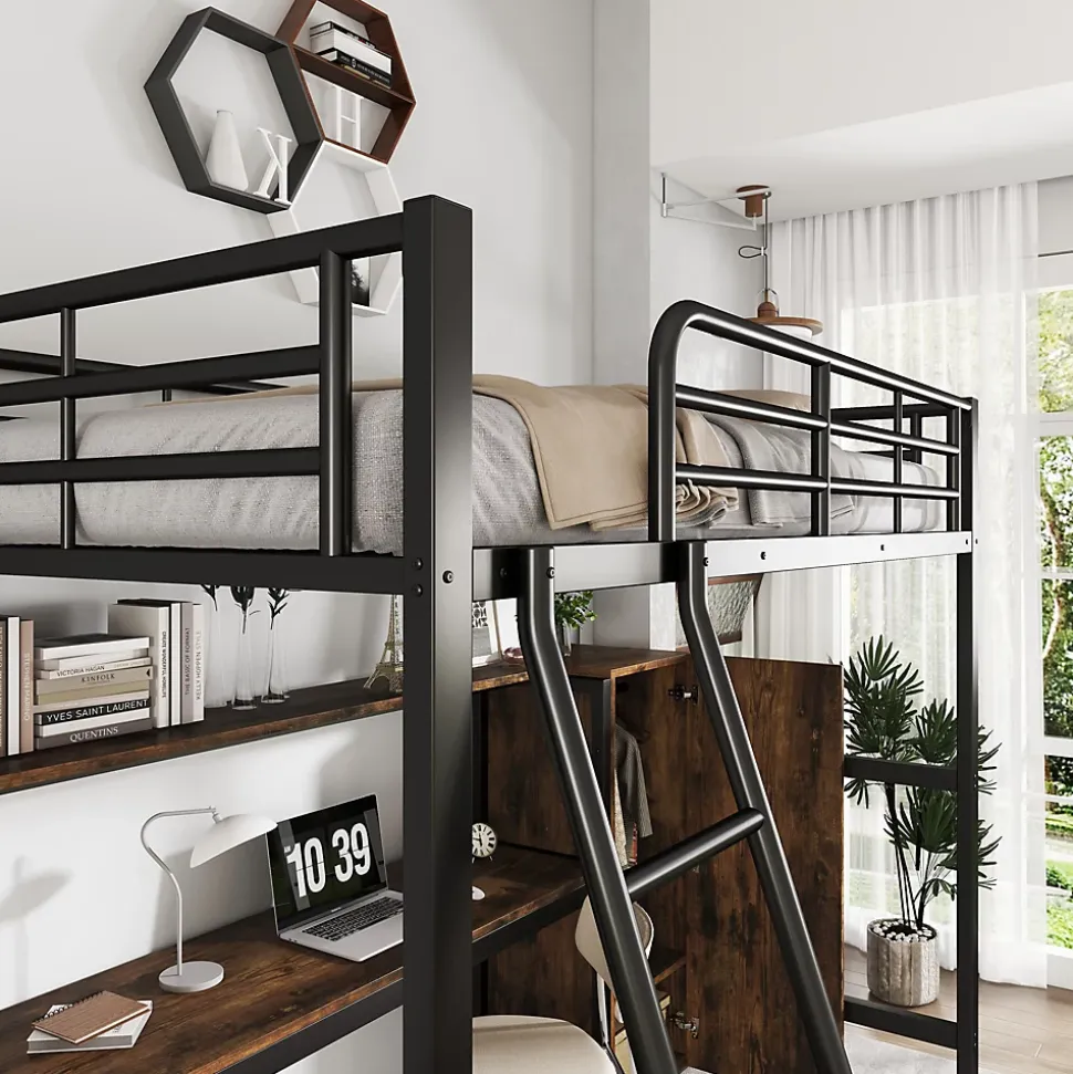 Lit superposé en métal avec bureau et armoire, étagères, échelle 4 marches, noir, 90x200cm