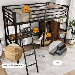 Lit superposé en métal avec bureau et armoire, étagères, échelle 4 marches, noir, 90x200cm