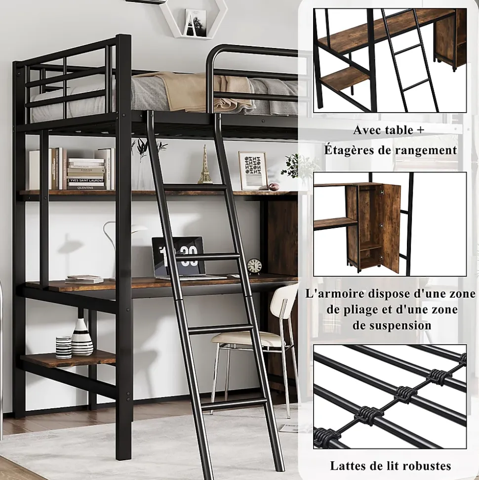 Lit superposé en métal avec bureau et armoire, étagères, échelle 4 marches, noir, 90x200cm