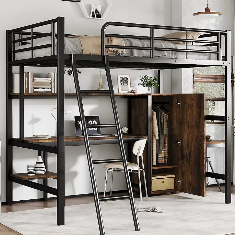 Lit superposé en métal avec bureau et armoire, étagères, échelle 4 marches, noir, 90x200cm