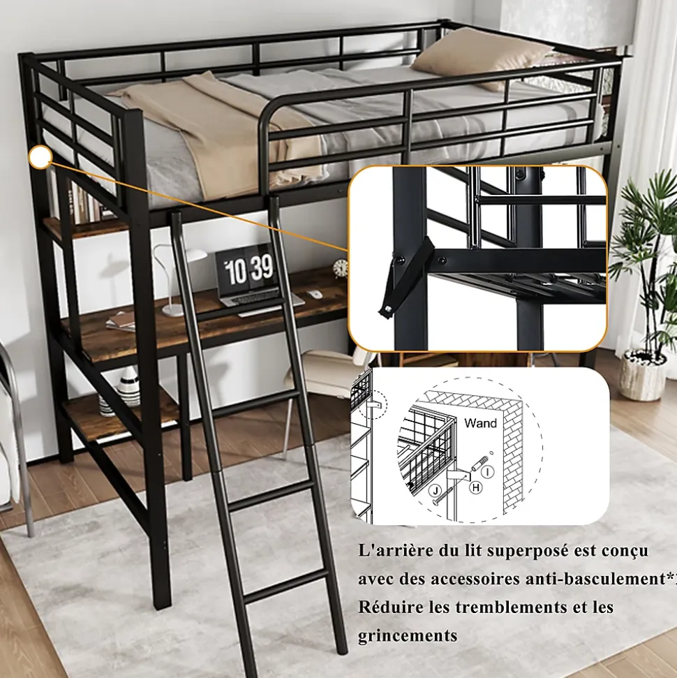 Lit superposé en métal avec bureau et armoire, étagères, échelle 4 marches, noir, 90x200cm