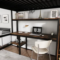 Lit superposé en métal avec bureau et armoire, étagères, échelle 4 marches, noir, 90x200cm