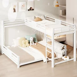 Lit superposé en métal en forme de L - 90x200cm + 140x200 cm - Barrières de sécurité et échelle - Métal - Blanc (sans matelas)