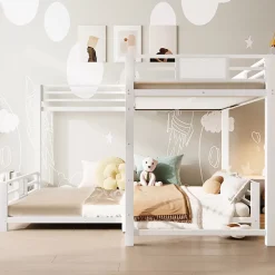 Lit superposé en métal en forme de L - 90x200cm + 140x200 cm - Barrières de sécurité et échelle - Métal - Blanc (sans matelas)