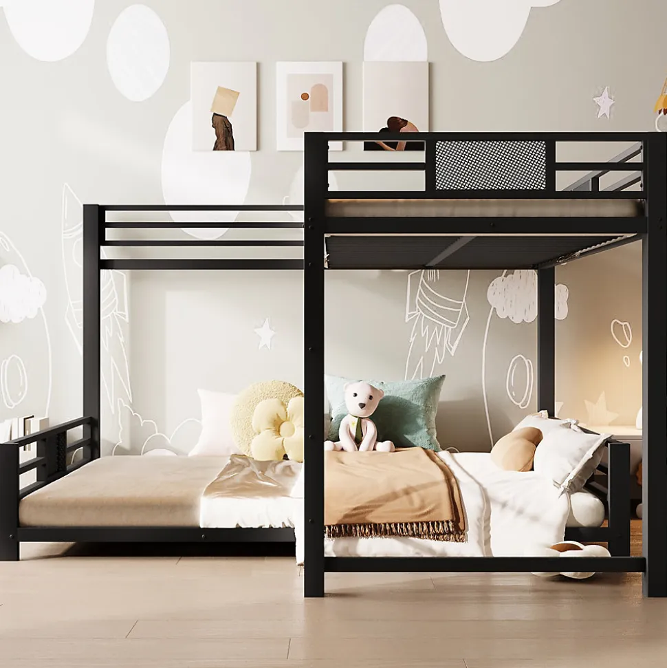 Lit superposé en métal en forme de L - 90x200cm + 140x200 cm - Barrières de sécurité et échelle - Métal - Noir (sans matelas)