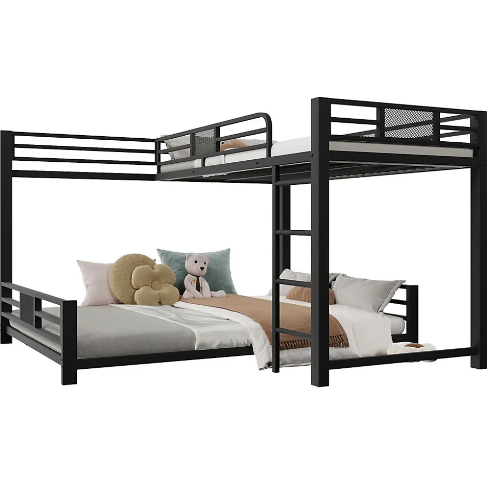 Lit superposé en métal en forme de L - 90x200cm + 140x200 cm - Barrières de sécurité et échelle - Métal - Noir (sans matelas)