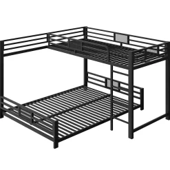 Lit superposé en métal en forme de L - 90x200cm + 140x200 cm - Barrières de sécurité et échelle - Métal - Noir (sans matelas)