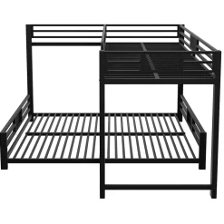 Lit superposé en métal en forme de L - 90x200cm + 140x200 cm - Barrières de sécurité et échelle - Métal - Noir (sans matelas)
