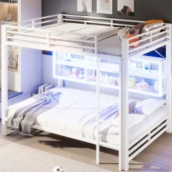 Lit superposé en métal 140x200 cm - Avec placards de rangement et LED - 6 compartiments de rangement - Blanc (sans matelas)