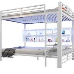 Lit superposé en métal 140x200 cm - Avec placards de rangement et LED - 6 compartiments de rangement - Blanc (sans matelas)