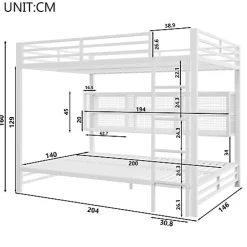 Lit superposé en métal 140x200 cm - Avec placards de rangement et LED - 6 compartiments de rangement - Blanc (sans matelas)