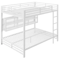 Lit superposé en métal 140x200 cm - Avec placards de rangement et LED - 6 compartiments de rangement - Blanc (sans matelas)