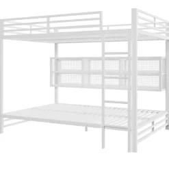 Lit superposé en métal 140x200 cm - Avec placards de rangement et LED - 6 compartiments de rangement - Blanc (sans matelas)