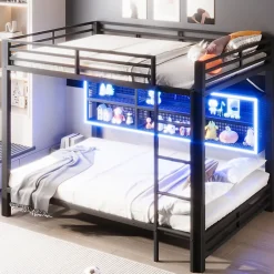 Lit superposé en métal 140x200 cm - Avec placards de rangement et LED - 6 compartiments de rangement - Moir (sans matelas)