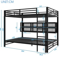 Lit superposé en métal 140x200 cm - Avec placards de rangement et LED - 6 compartiments de rangement - Moir (sans matelas)