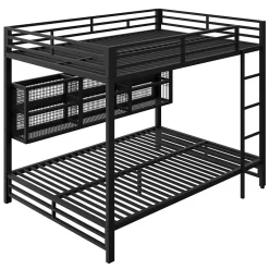 Lit superposé en métal 140x200 cm - Avec placards de rangement et LED - 6 compartiments de rangement - Moir (sans matelas)