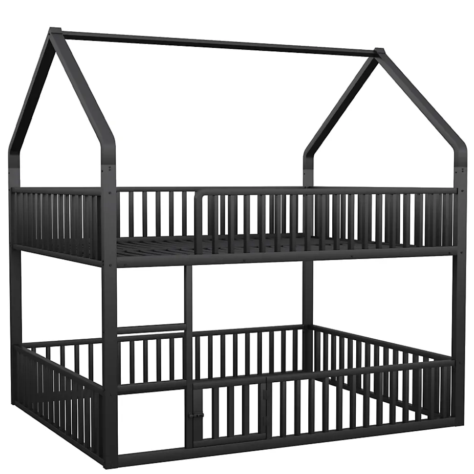 Lit superposé enfant 140 par 200 métal lit double familial mezzanine avec échelle porte ouvrante lit inférieur noir