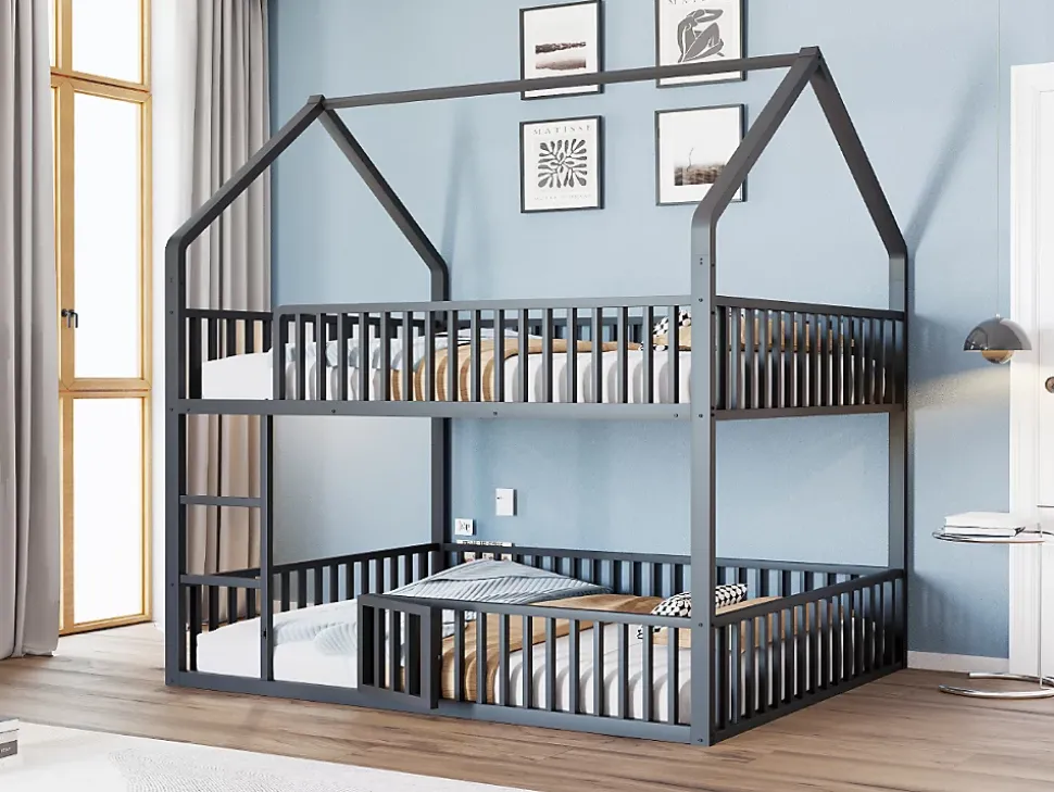 Lit superposé enfant 140 par 200 métal lit double familial mezzanine avec échelle porte ouvrante lit inférieur noir