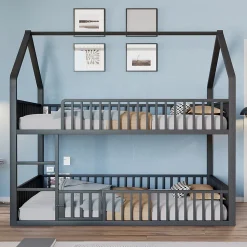 Lit superposé enfant 140 par 200 métal lit double familial mezzanine avec échelle porte ouvrante lit inférieur noir