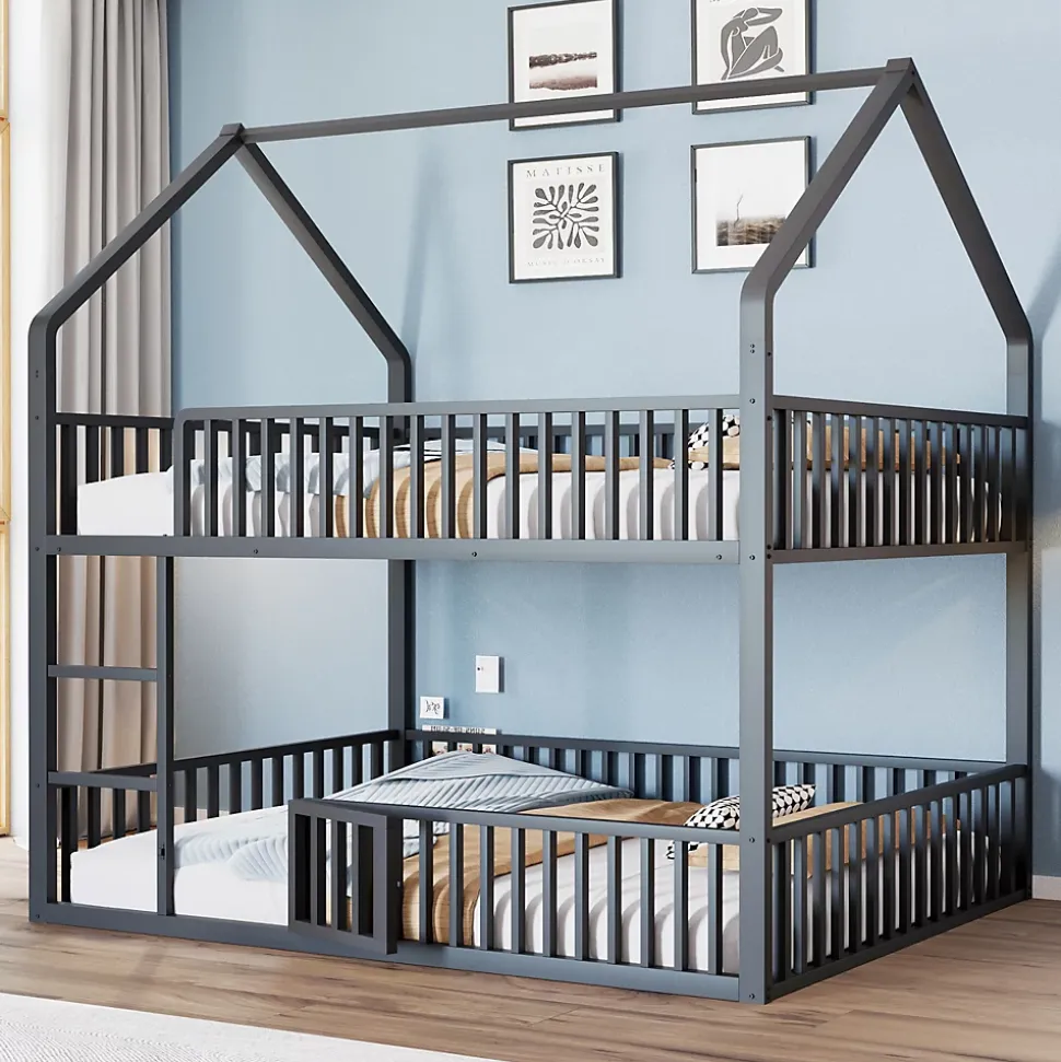 Lit superposé enfant 140 par 200 métal lit double familial mezzanine avec échelle porte ouvrante lit inférieur noir