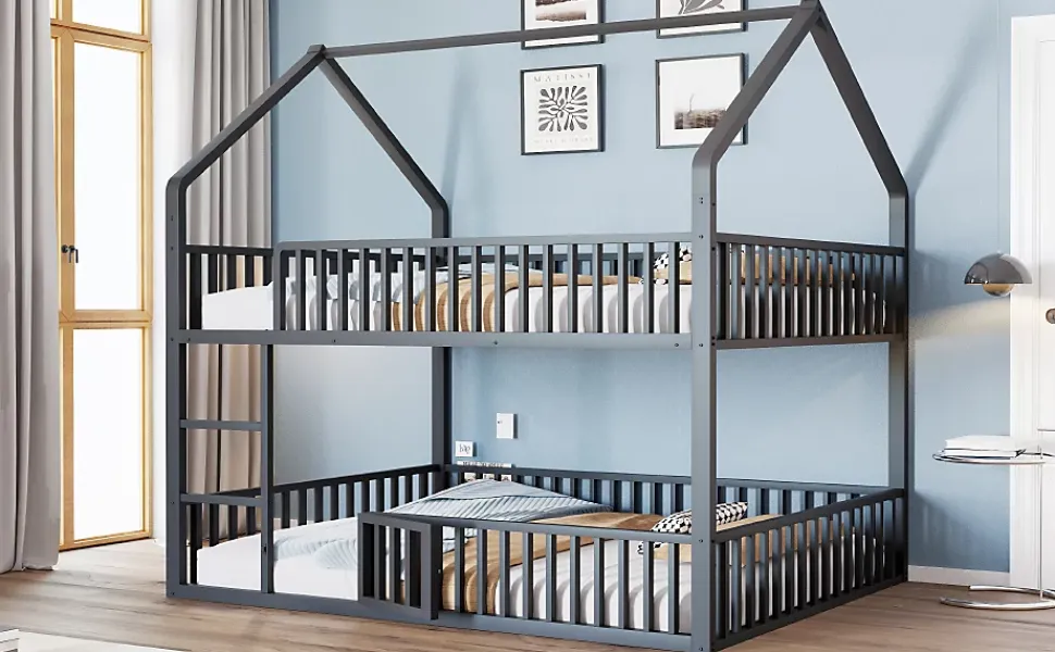 Lit superposé enfant 140 par 200 métal lit double familial mezzanine avec échelle porte ouvrante lit inférieur noir