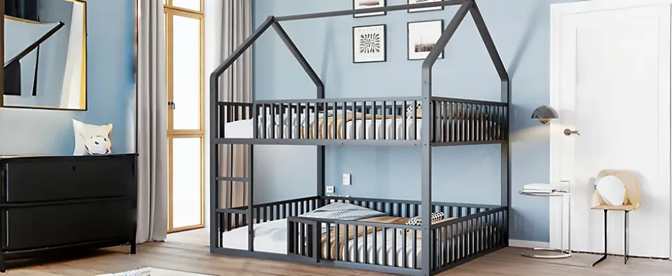 Lit superposé enfant 140 par 200 métal lit double familial mezzanine avec échelle porte ouvrante lit inférieur noir