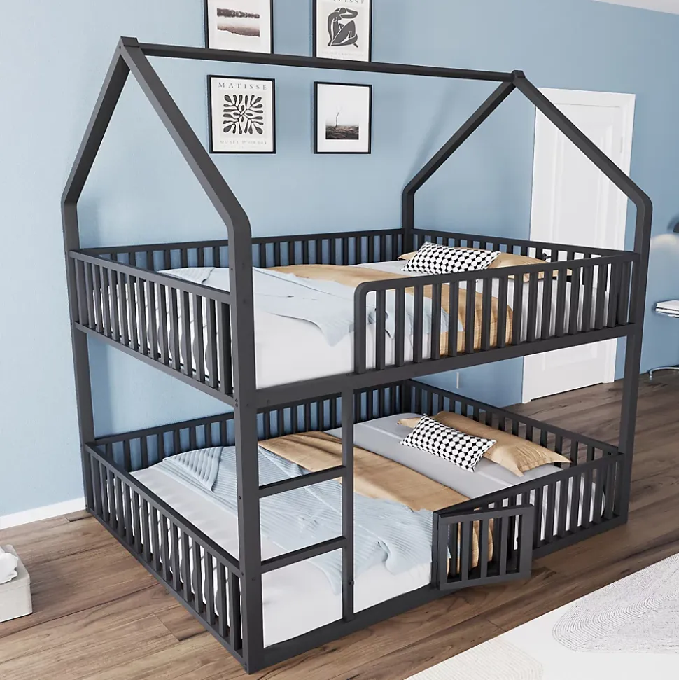 Lit superposé enfant 140 par 200 métal lit double familial mezzanine avec échelle porte ouvrante lit inférieur noir