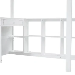 Lit superposé enfant, échelle à 3 marches, 2 tiroirs, bureau, garde-corps, lattes solides, MDF pin, blanc, 90x200cm