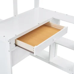 Lit superposé enfant, échelle à 3 marches, 2 tiroirs, bureau, garde-corps, lattes solides, MDF pin, blanc, 90x200cm