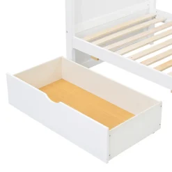 Lit superposé enfant, échelle à 3 marches, 2 tiroirs, bureau, garde-corps, lattes solides, MDF pin, blanc, 90x200cm