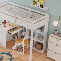 Lit superposé enfant, échelle à 3 marches, 2 tiroirs, bureau, garde-corps, lattes solides, MDF pin, blanc, 90x200cm