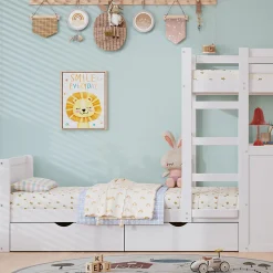 Lit superposé enfant, échelle à 3 marches, 2 tiroirs, bureau, garde-corps, lattes solides, MDF pin, blanc, 90x200cm