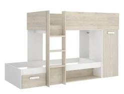 Lit superposé enfant coloris chêne naturel, blanc, imitation lamelles, couchage 90 x190 cm