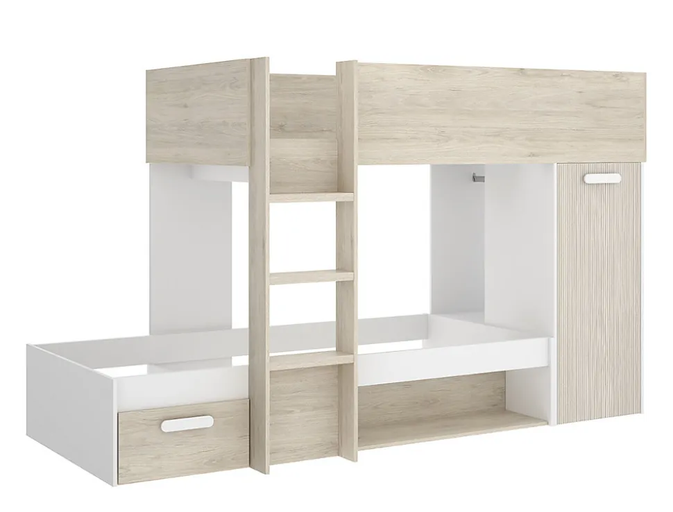 Lit superposé enfant coloris chêne naturel, blanc, imitation lamelles, couchage 90 x190 cm