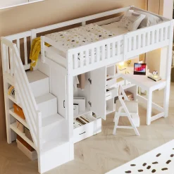 Lit Superposé Enfant 90x200 cm - avec Escalier de Rangement et Bureau Intégré, Armoire et Tiroirs - Bois/MDF/Contreplaqué Blanc