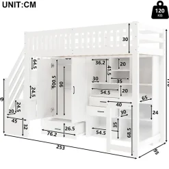 Lit Superposé Enfant 90x200 cm - avec Escalier de Rangement et Bureau Intégré, Armoire et Tiroirs - Bois/MDF/Contreplaqué Blanc