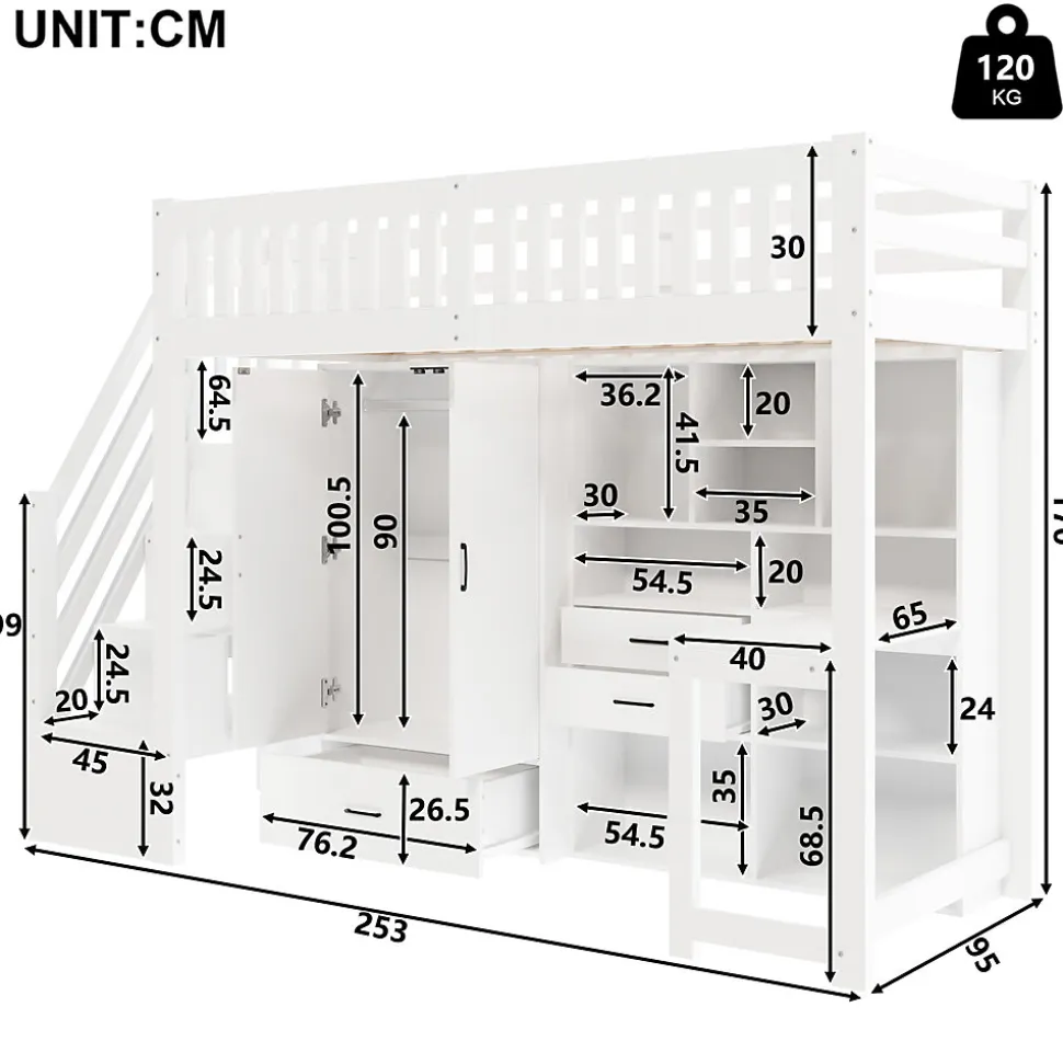 Lit Superposé Enfant 90x200 cm - avec Escalier de Rangement et Bureau Intégré, Armoire et Tiroirs - Bois/MDF/Contreplaqué Blanc