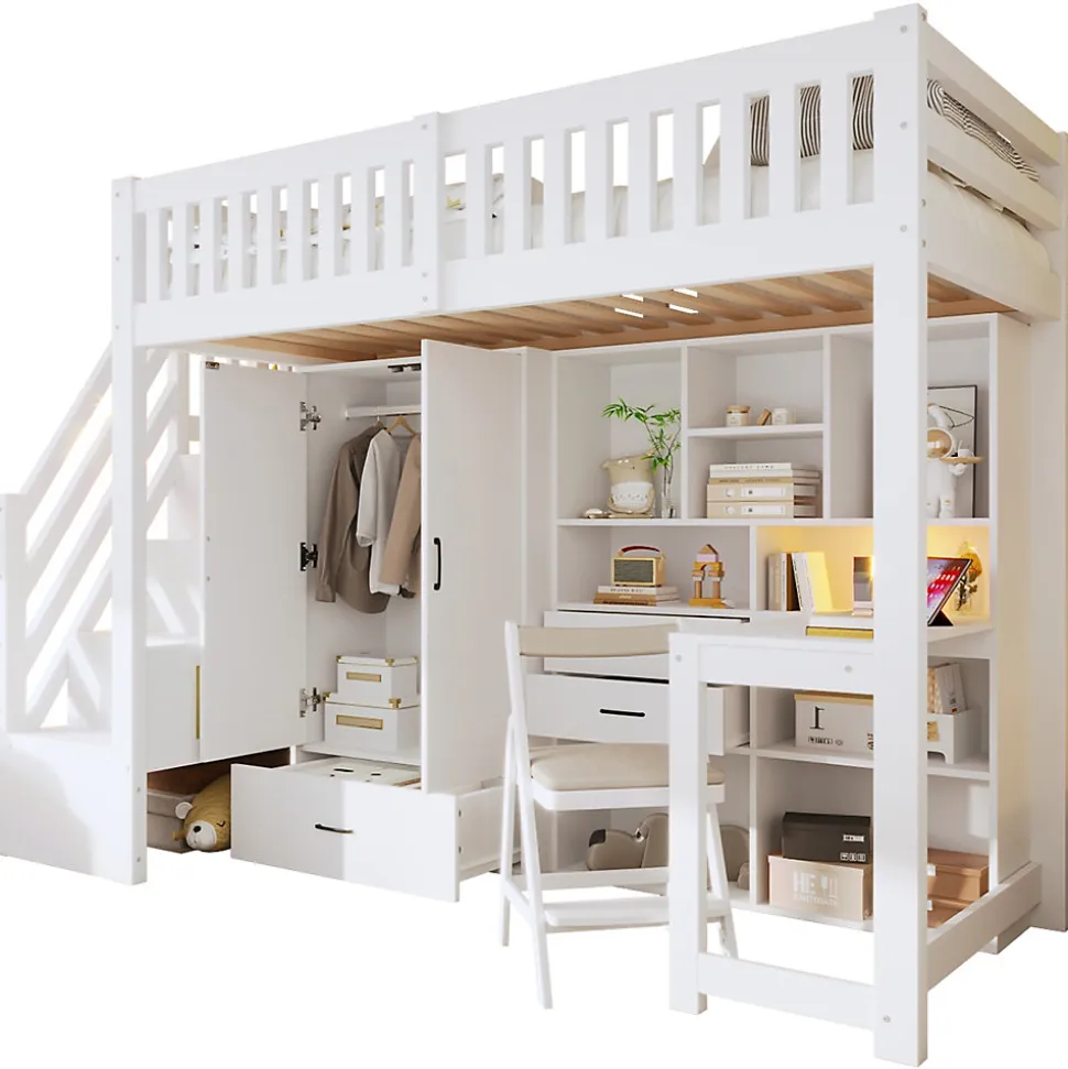 Lit Superposé Enfant 90x200 cm - avec Escalier de Rangement et Bureau Intégré, Armoire et Tiroirs - Bois/MDF/Contreplaqué Blanc